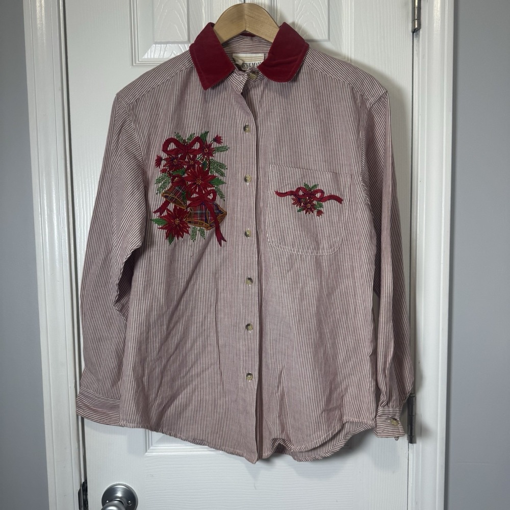 Casey‎ & Max Red Striped Embroidered Christmas Button Down Shirt Small